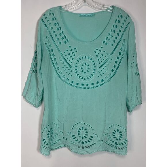 Solitaire Swim Women's Eyelet Swimming Cover Up Top Shirt Teal Green Size Medium - Picture 1 of 12